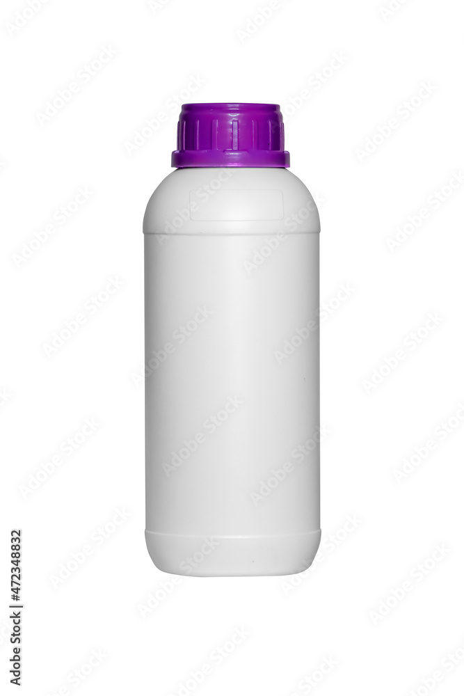 White pesticide bottle with purple cap with white background White pesticide bottle with purple cap with white background