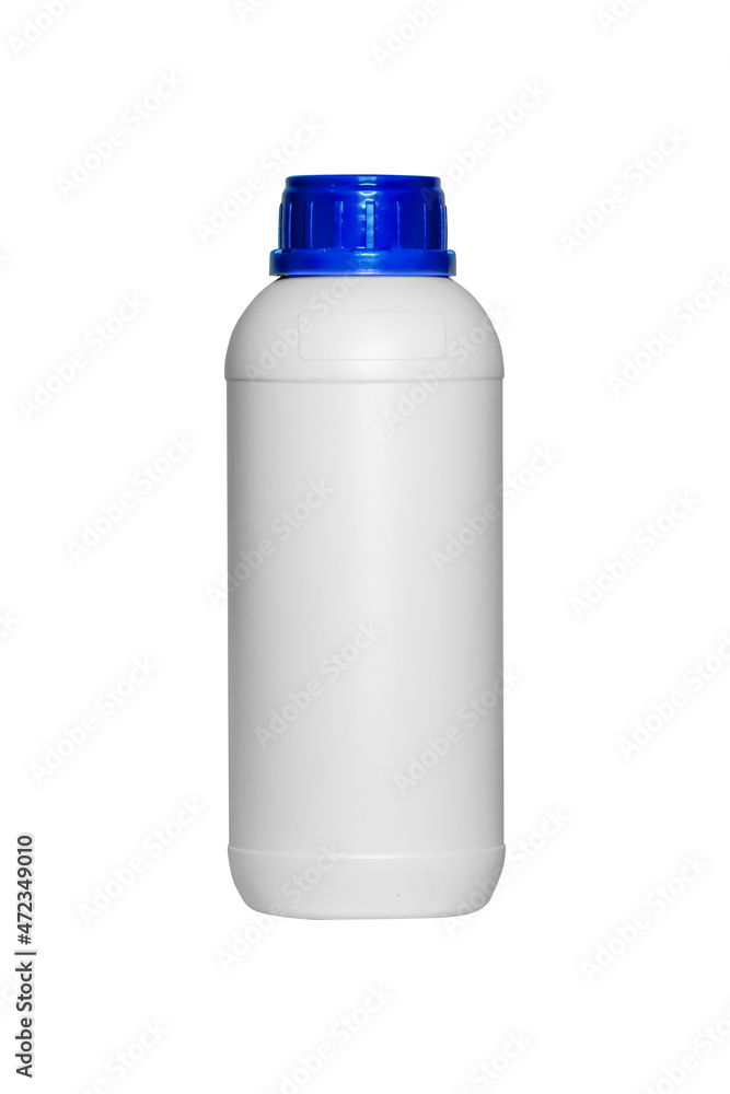 White round pesticide bottle with blue cap on white background White round pesticide bottle with blue cap on white background