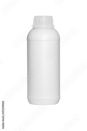 White pesticide bottle with white cap isolated on white background