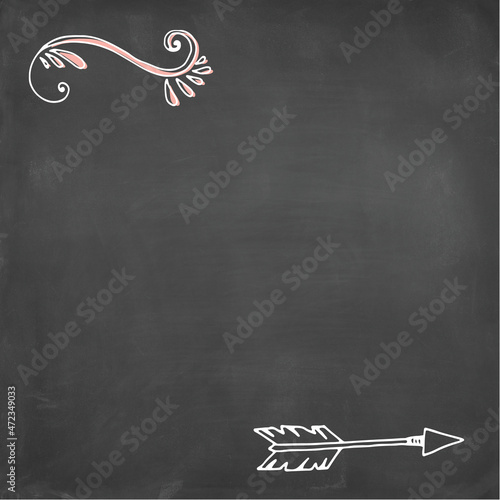 Blank blackboard with doodle and arrow and empty space to add text for card, sign or social media posts.