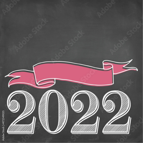 2022 sign, card or social media post template. Hand drawn with white chalk blank pink ribbon and empty space to add text or info on black board background. 