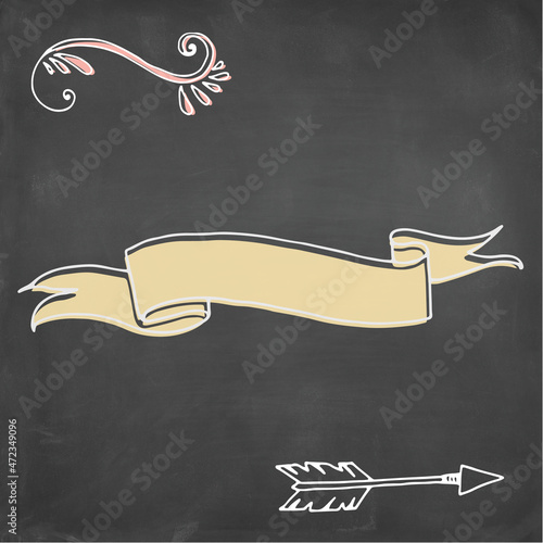 Blackboard with yellow and white ribbon, doodle and arrow template. Empty space to add text for card, sign or social media posts.