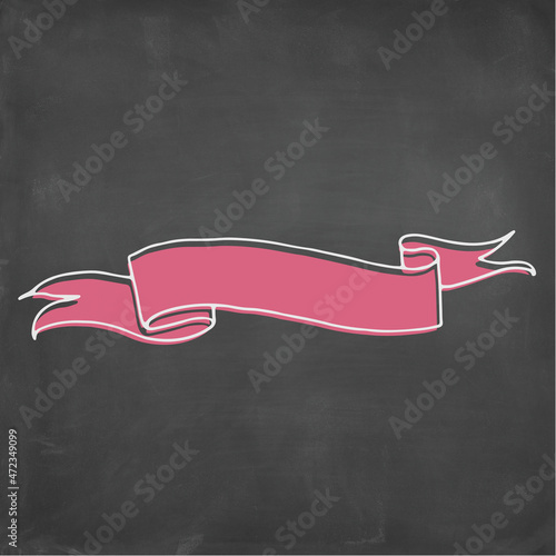 Blank blackboard with pink and white ribbon template. Empty space to add text for card, sign or social media posts.