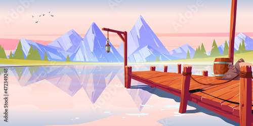 Wooden pier on lake, pond or river morning landscape, wharf with ropes, lantern, barrel and sacks on mountains background with birds flying in pink sky above water surface. Cartoon vector illustration