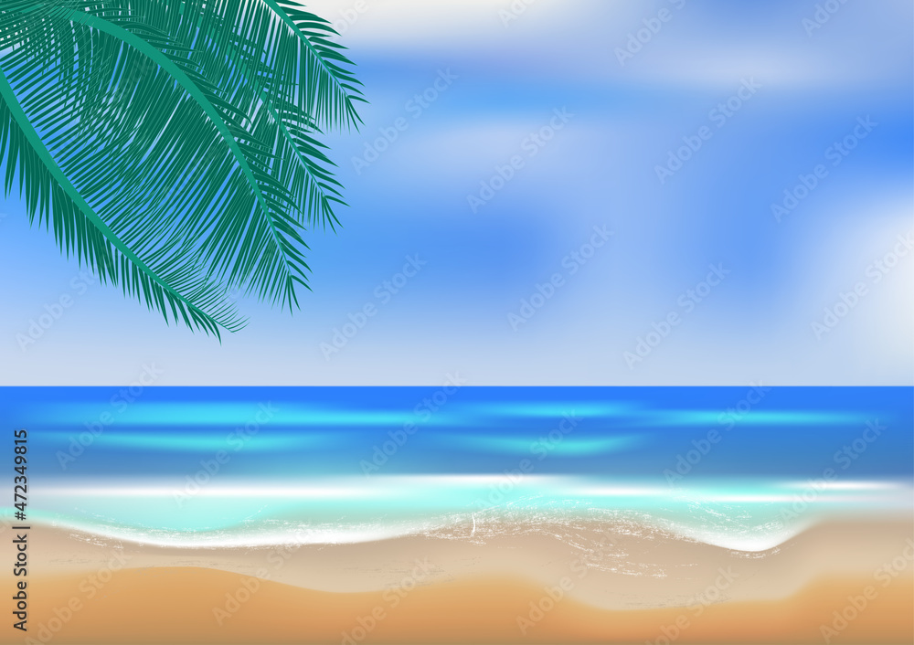 graphics drawing landscape view ocean and blue sky with coconut leaf vector illustration