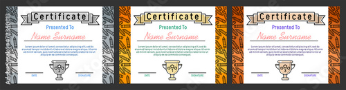 Children's certificate with a background of pencils with a gold, silver and bronze winner trophy for 1, 2, 3 prizes. Template for a diplomas, gratitude, award letter. Vector illustration