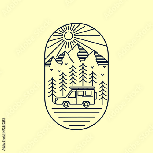 adventure car in the forest in mono line art ,badge patch pin graphic illustration, vector art t-shirt design