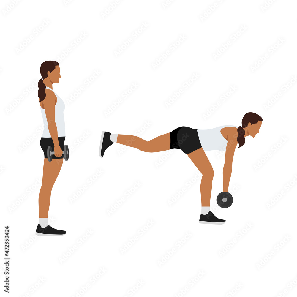 Woman doing single leg db deadlifts flat vector illustration isolated on white background Woman doing single leg db deadlifts flat vector illustration isolated on white background