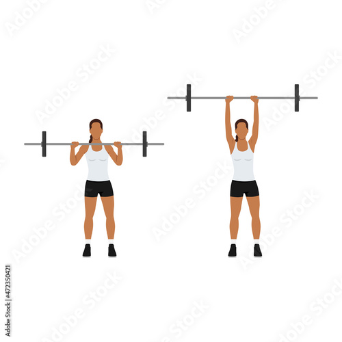 Woman doing Overhead barbell shoulder press exercise. Flat vector illustration isolated on white background