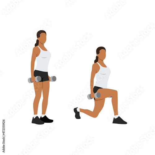 Woman doing dumbbell lunges exericise flat vector illustration isolated on white background