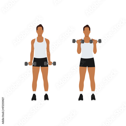 Woman doing dumbbell bicep curls. Flat vector illustration isolated on different layers. Workout character