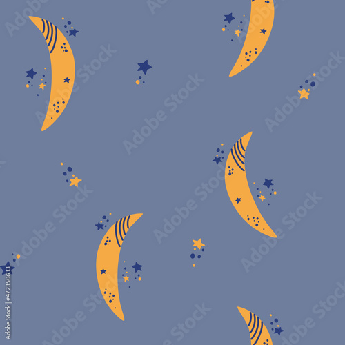 Moon and stars seamless pattern. Night sky background. Sweet dreams. Space and astrology. Suitable for wrapping paper, fabric, curtains. Vector cartoon illustration isolated on a blue background.