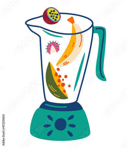Blender with fruits. Tropical Fruit. Banana, lychee, papaya and passion fruit. Smoothie recipe. Healthy vegetarian food. For restaurant, menus and recipe books. Vector cartoon illustration.