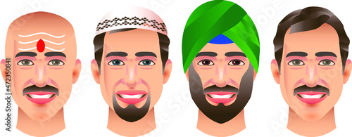 Different Indian people characters, Hindu, Muslim Sikh,  Christian in flat style Vector illustration.