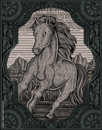 illustration vintage horse with engraving style