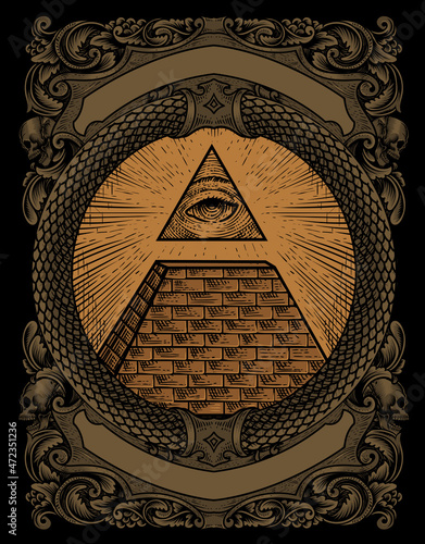 illustration illuminati pyramid with engraving style