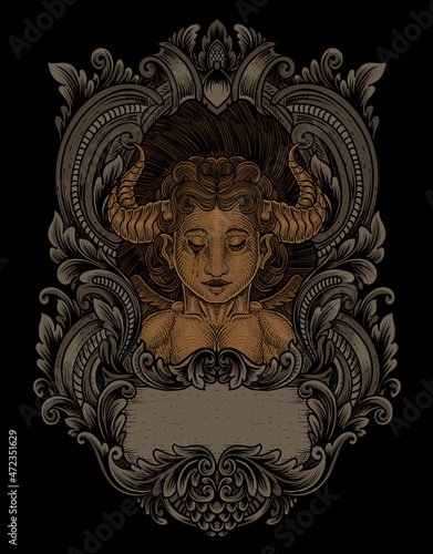 illustration demonic angel with engraving style