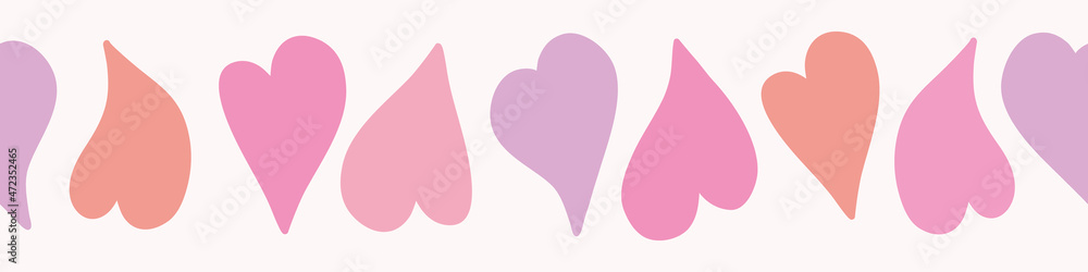 Heart pattern border design. Seamless vector repeat background banner of colourful cute love hearts in red and pink. Fun Valentine resource element. Heart pattern border design. Seamless vector repeat background banner of colourful cute love hearts in red and pink. Fun Valentine resource element.