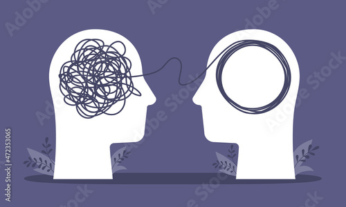 Psychologist consulting or mental problem solving brainstorm concept. Human heads with tangled chaos disorder turns into order line, finding solution. Coach, mentoring psychotherapy. Complex to simple