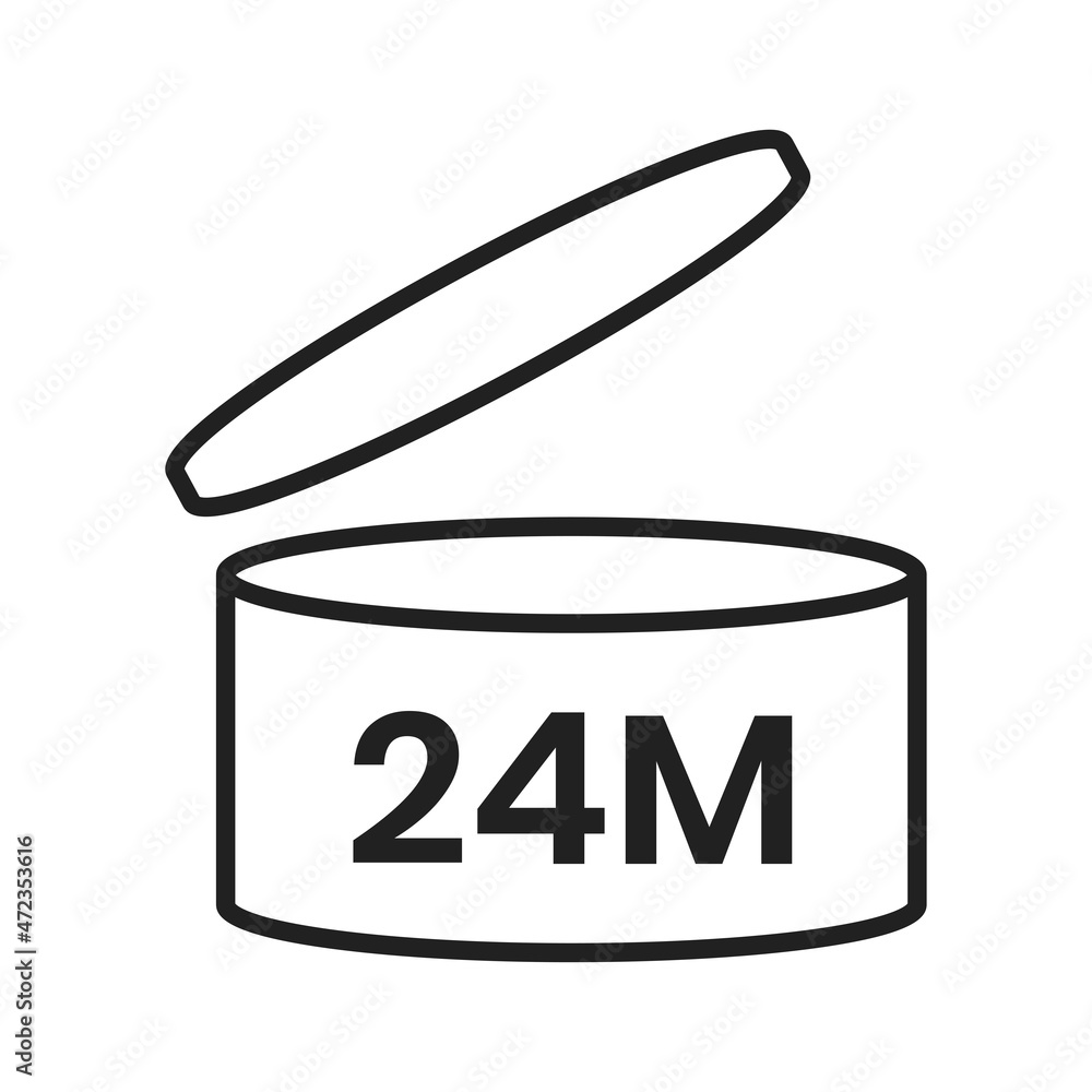 24m period after open pao icon sign flat style design vector illustration isolated on white background. 24 month pao expiration period for cosmetic packaging line art symbol. 24m period after open pao icon sign flat style design vector illustration isolated on white background. 24 month pao expiration period for cosmetic packaging line art symbol.
