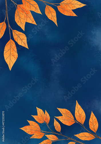 Autumn orange leaf frame and blue background illustration for decoration on Autumn season.