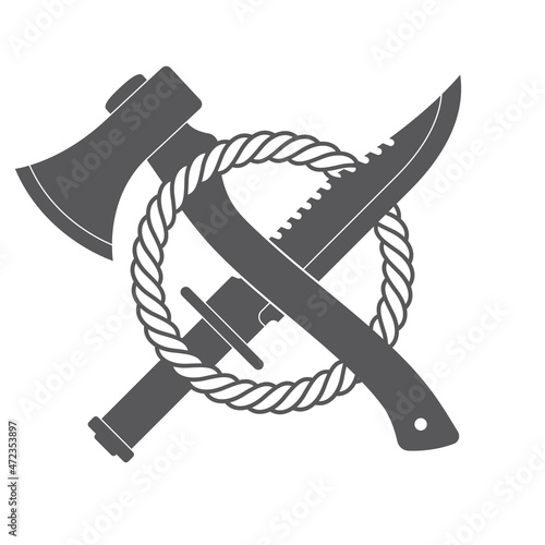 Vector icon of crossed knife and ax in a circle of rope. Isolated on white background