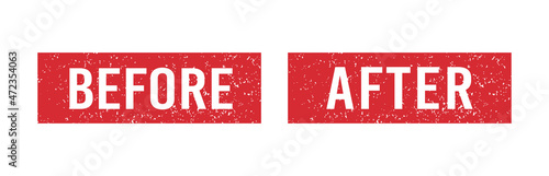 Before and after red grunge rubber stamps. Seals with words Before and After. Grunge vintage square labels. Set of vector illustrations isolated on white background.
