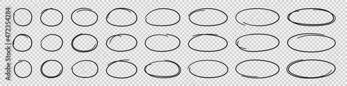 Hand drawn ovals and circles set. Ovals of different widths. Highlight circle frames. Ellipses in doodle style. Set of vector illustration isolated on transparent background.