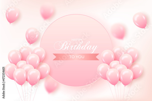 Happy Birthday with pink balloons and pink background