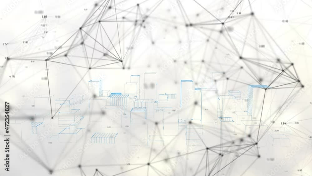 Animation of network of connections over 3d cityscape drawing Animation of network of connections over 3d cityscape drawing