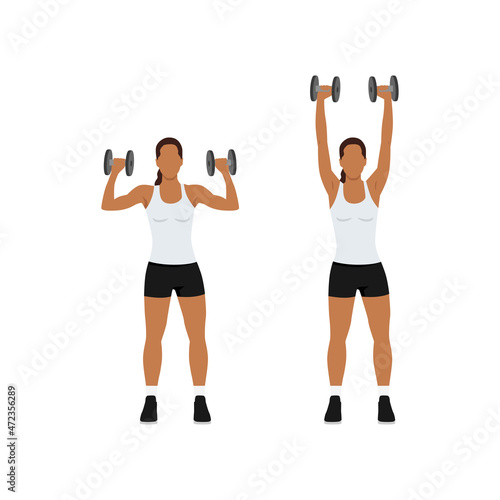 Woman doing Dumbbell overhead shoulder press exercise. Flat vector illustration isolated on white background
