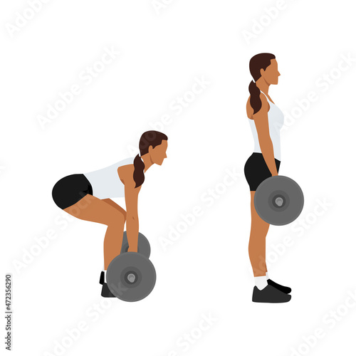 Woman doing Barbell deadlifts exercise. Flat vector illustration isolated on white background