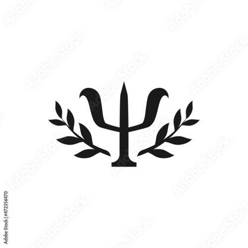 Green Greek letter Psi with laurel leaves crown. Neuropsychology and psychology logo isolated on white.