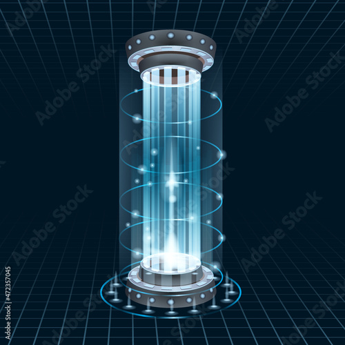 Futuristic portal sky-fi digital, circle science teleport tunnel with light rays and glows, podium, projector. Vector illustration, black blue background