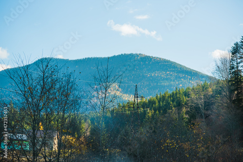 Forest and mountains views, concept of trip and travelling. European landscape view, concept of weekend in beautiful place
