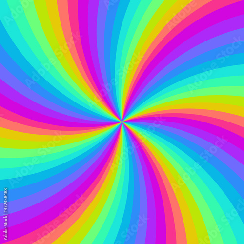 Rainbow neon swirl background. Radial gradient rainbow of twisted spiral. Vector illustration.
