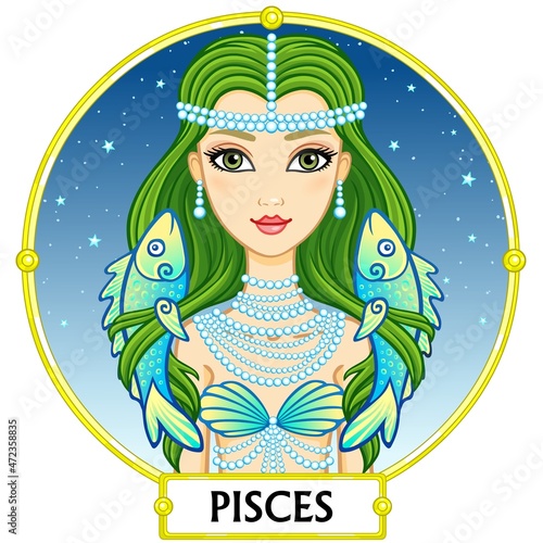 Zodiac sign Pisces. Fantastic princess, animation portrait. Background - a frame, the night star sky. Vector illustration isolated on white.