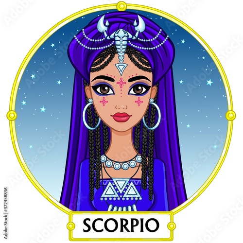 Zodiac sign Scorpio. Fantastic princess, animation portrait. Background - a frame, the night star sky. Vector illustration isolated on white.