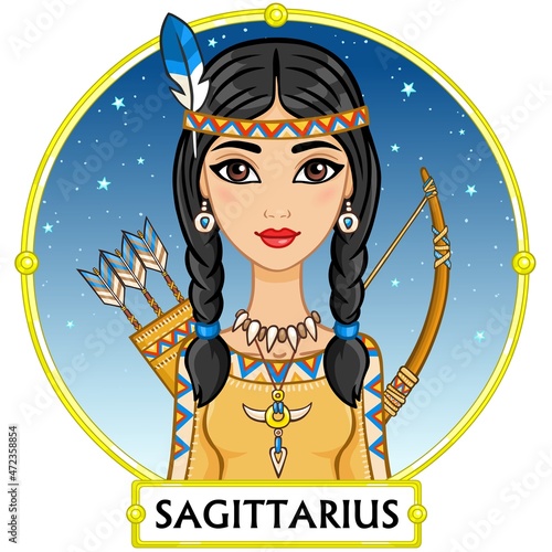 Zodiac sign Sagittarius. Fantastic princess, animation portrait. Background - a frame, the night star sky. Vector illustration isolated on white.