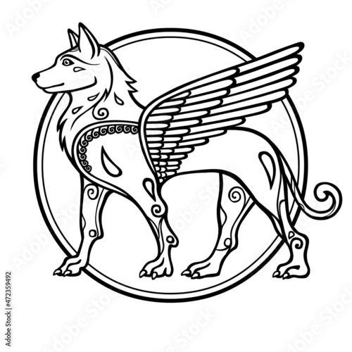 Fantastic image of a winged dog, mythological character, zodiac symbol of new year. Black and white drawing based on motives of Sumerian art, isolated on a white background. Vector illustration.