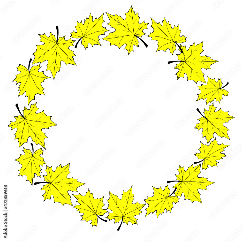 Vector wreath of yellow maple leaves. Round frame in flat style. Theme of happy fall, nature, forest, thanksgiving Vector wreath of yellow maple leaves. Round frame in flat style. Theme of happy fall, nature, forest, thanksgiving
