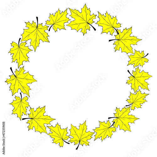 Vector wreath of yellow maple leaves. Round frame in flat style. Theme of happy fall  nature  forest  thanksgiving