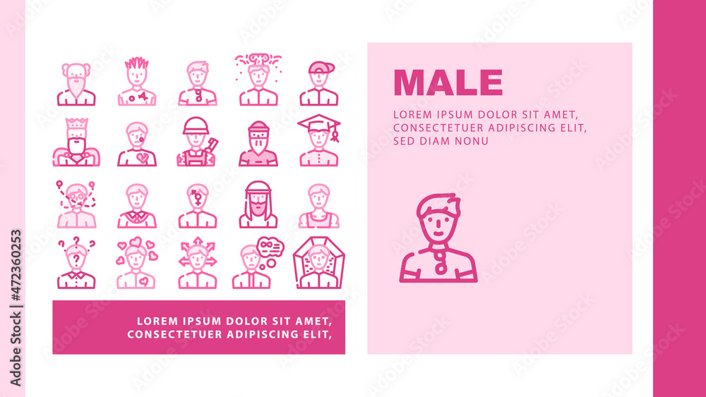 Male Business And Expression Landing Web Page Header Banner Template Vector Madness And Lovely Male, Choice Of Direction And Brain Explosion Man, Childhood, Old Aged Pensioner And Death Illustration
