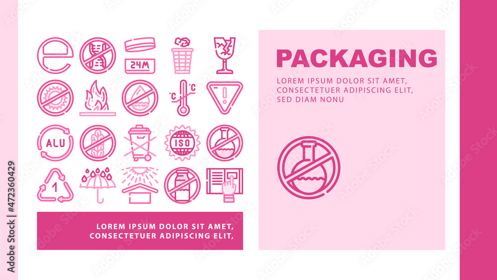 Packaging Industrial Marking Landing Web Page Header Banner Template Vector Fragile And Protect From Heat, Flammable And Water Care Mark For Packaging, Iso Standard And Hazardous Product Illustration Packaging Industrial Marking Landing Web Page Header Banner Template Vector Fragile And Protect From Heat, Flammable And Water Care Mark For Packaging, Iso Standard And Hazardous Product Illustration
