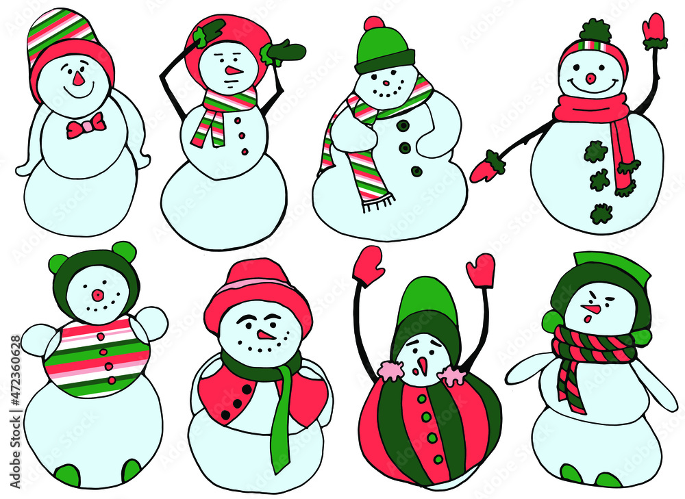 Snowmen in different poses with different characters dressed in New Year's colors.