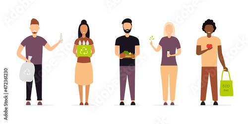 The fight for ecology. A multinational group of people care about the environment. Environmental protection. Vector illustration