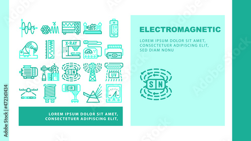 Electromagnetic Science Physics Landing Web Page Header Banner Template Vector Electromagnetic And Ultraviolet Waves, X-ray Electronic Equipment And Spectrum Range, Prism Light And Sv Illustration