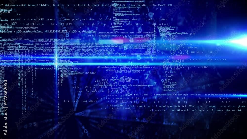 Animation of digital data processing over glowing blue lights Animation of digital data processing over glowing blue lights