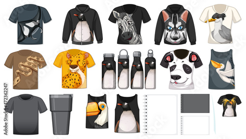 Set of different shirts and accessories with animal patterns