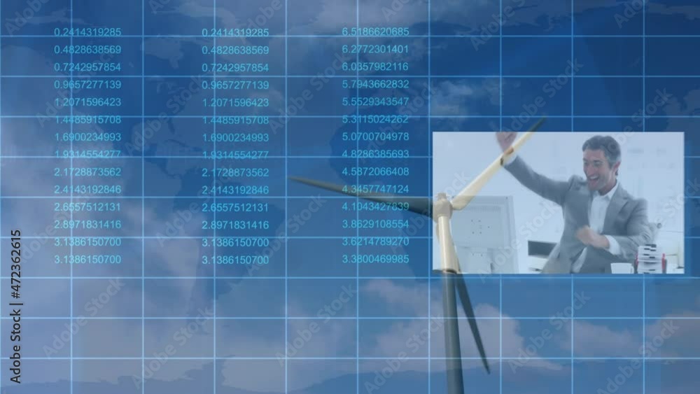 Animation of statistics processing over wind turbine and business people Animation of statistics processing over wind turbine and business people